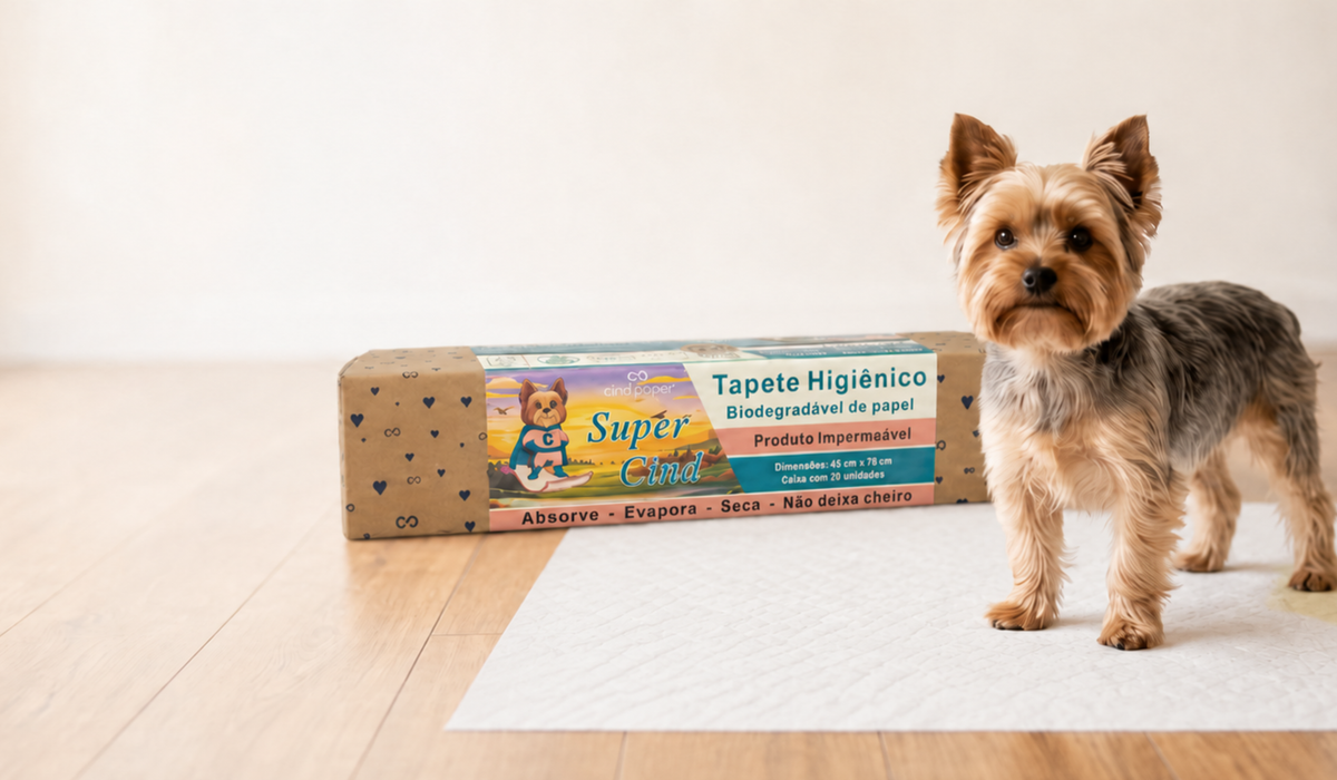 Tutor e cão na sala com o tapete CindPaper aberto