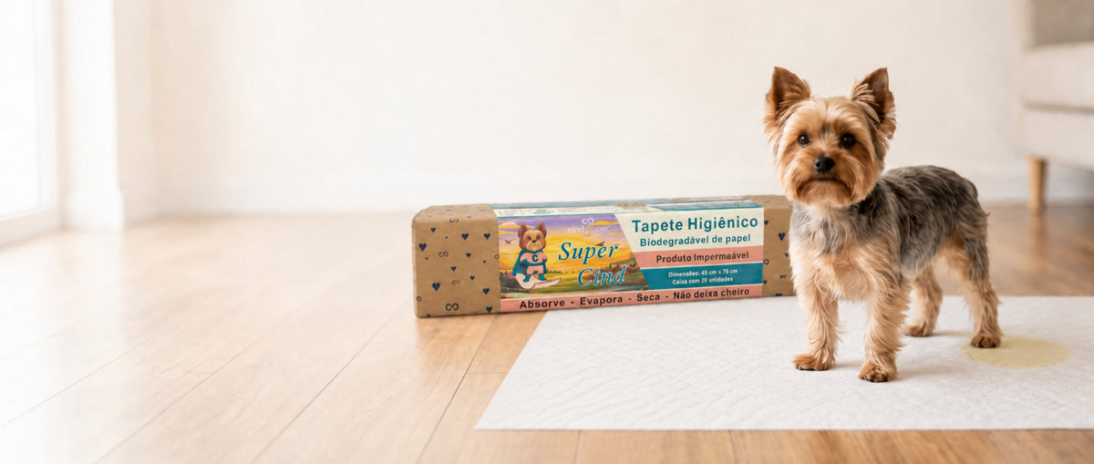 Tutor e cão na sala com o tapete CindPaper aberto